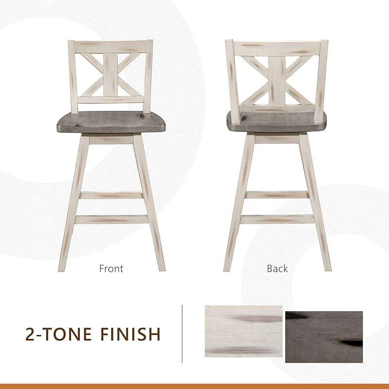 Counter Height Stools Set of 2 - Solid Wood Frame 360° Swivel Wooden Stools Counter Height, Foot Rest, X Back, Wide Seat, Farmhouse, Easy to Clean, 24 Inch High Seat, Distressed Gray/White - Image 7