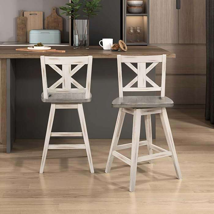 Counter Height Stools Set of 2 - Solid Wood Frame 360° Swivel Wooden Stools Counter Height, Foot Rest, X Back, Wide Seat, Farmhouse, Easy to Clean, 24 Inch High Seat, Distressed Gray/White - Image 8