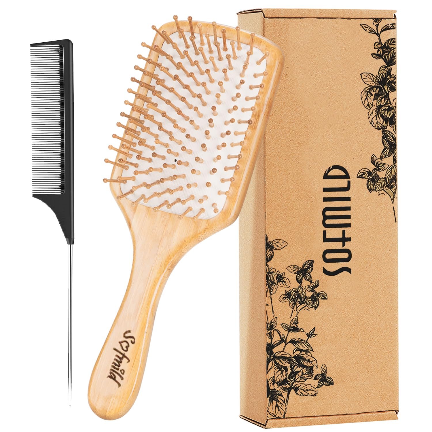 Hair Brush-Natural Wooden Bamboo Brush and Detangle Tail Comb, Paddle Hairbrush for Women Men and Kids Make Thin Long Curly Hair Health and Massage Scalp - Product Image