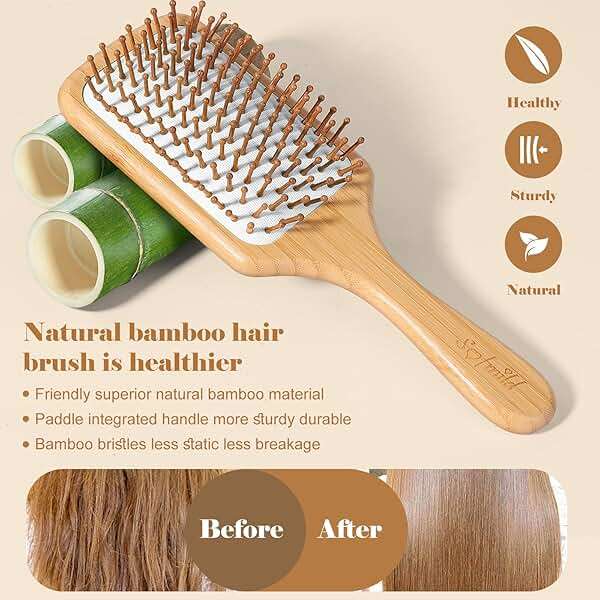Hair Brush-Natural Wooden Bamboo Brush and Detangle Tail Comb, Paddle Hairbrush for Women Men and Kids Make Thin Long Curly Hair Health and Massage Scalp - Image 3