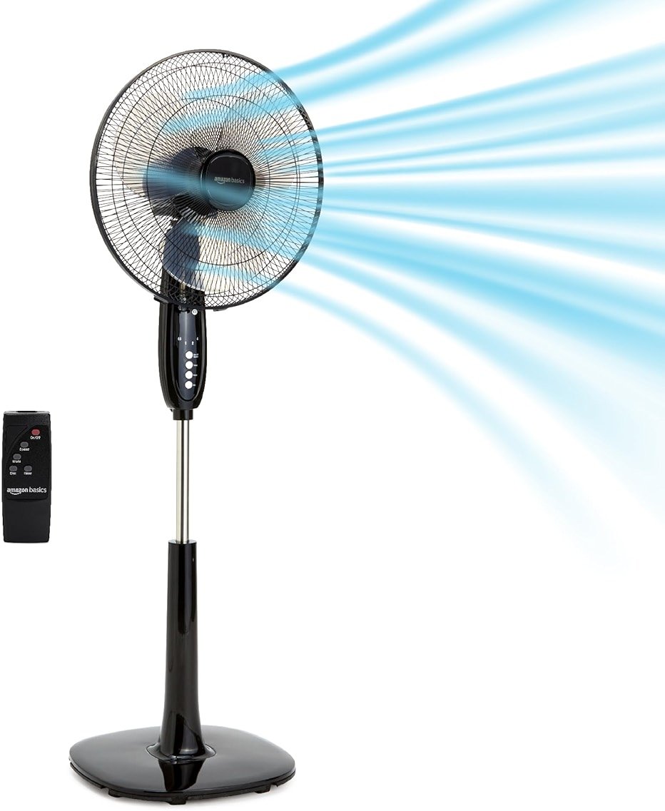 Amazon Basics 16" Pedestal Fan with Remote for Bedroom, Living Room, Office, Adjustable Height, Dual-Layered Blades, 3 Speeds, 3 Modes, Timer, Tilt Head, 60W, Black - Product Image