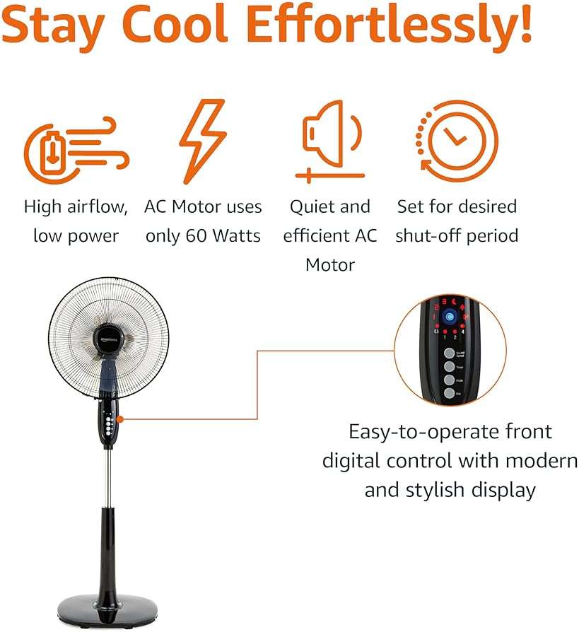 Amazon Basics 16" Pedestal Fan with Remote for Bedroom, Living Room, Office, Adjustable Height, Dual-Layered Blades, 3 Speeds, 3 Modes, Timer, Tilt Head, 60W, Black - Image 3