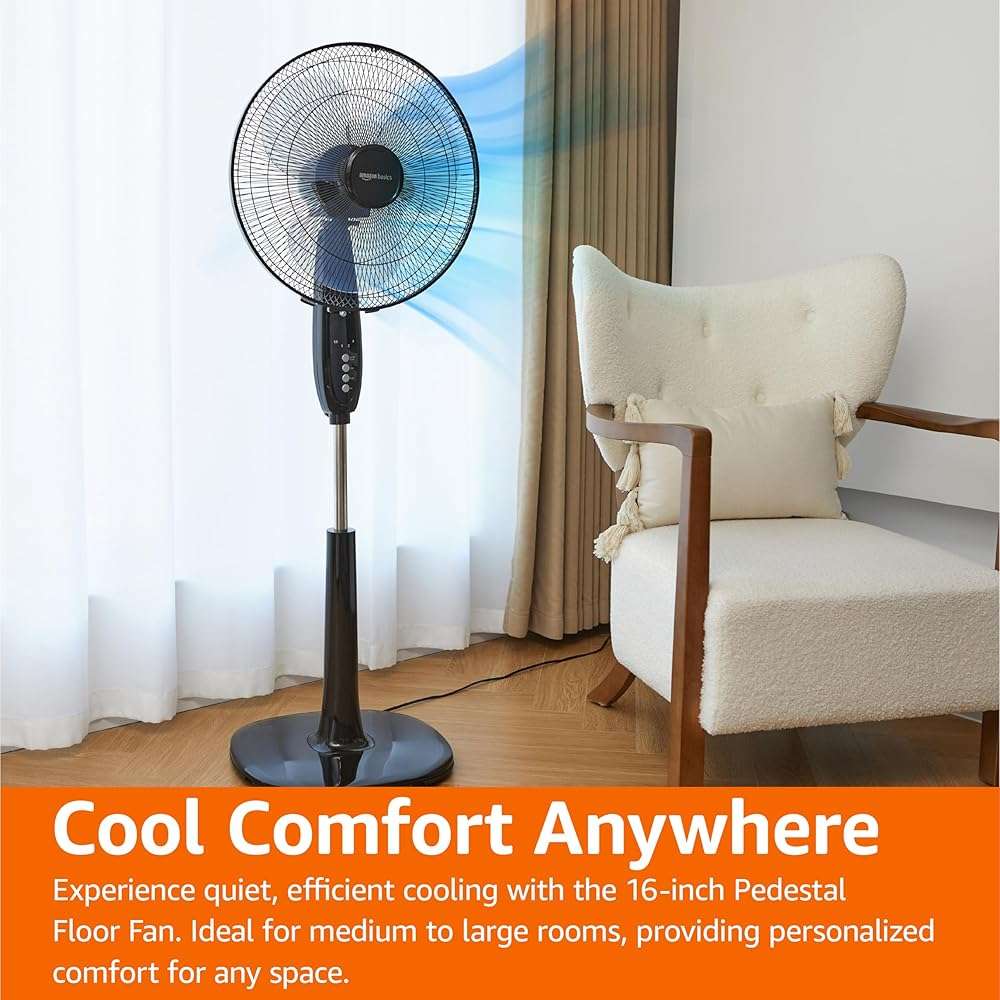 Amazon Basics 16" Pedestal Fan with Remote for Bedroom, Living Room, Office, Adjustable Height, Dual-Layered Blades, 3 Speeds, 3 Modes, Timer, Tilt Head, 60W, Black - Image 5