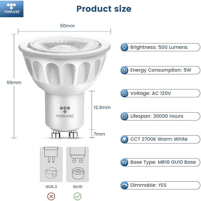 Torkase GU10 LED Bulb, Dimmable MR16 2700K Warm White, 120V 500LM Track Light 5W 50W Equivalent, 90% Energy Saving, 40 Degree, Replacement for Recessed Lighting, 6 Pack - Image 5