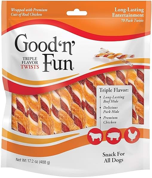 Good ‘n’ Fun Triple Flavor Twists for All Dogs, 70 Count, Treat Your Dog to Long-Lasting Chews Made with Beef Hide, Pork Hide and Chicken - Product Image