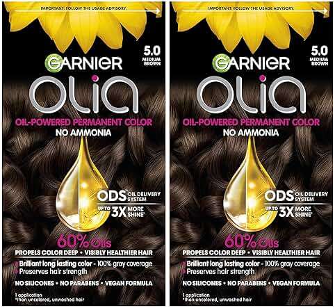 Garnier Olia Hair Color, Ammonia-Free Permanent Hair Dye, Oil-Powered Formula for 100% Gray Coverage and 3x Shinier Hair, Vegan & Cruelty Free, 5.0 Medium Brown, 2 Count - Image 1