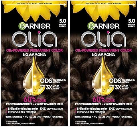 Garnier Olia Hair Color, Ammonia-Free Permanent Hair Dye, Oil-Powered Formula for 100% Gray Coverage and 3x Shinier Hair, Vegan & Cruelty Free, 5.0 Medium Brown, 2 Count - Product Image