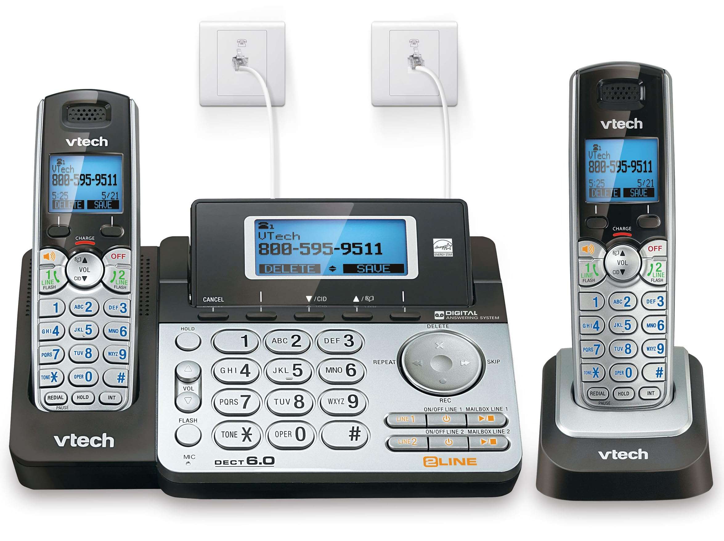 VTech DS6151-2 2-Line Expandable Cordless Phone System with 2 Handsets, Digital Answering System, Caller ID, DECT 6.0 - Home & Small Business (Black/Silver) - Image 1