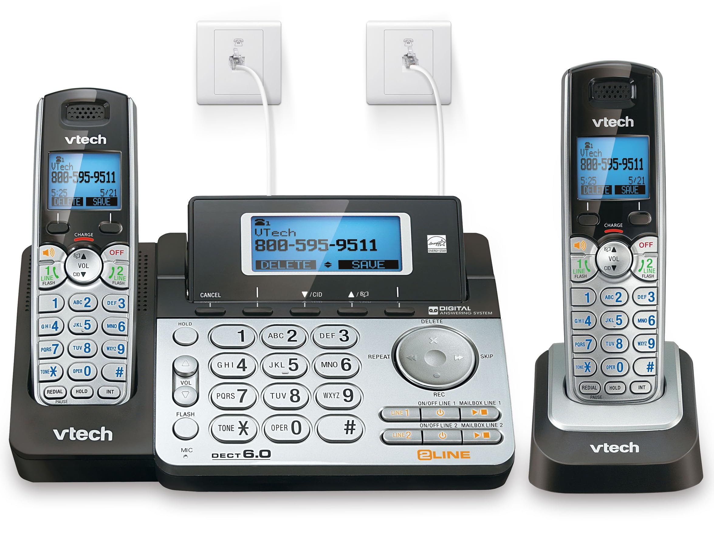 VTech DS6151-2 2-Line Expandable Cordless Phone System with 2 Handsets, Digital Answering System, Caller ID, DECT 6.0 - Home & Small Business (Black/Silver) - Product Image