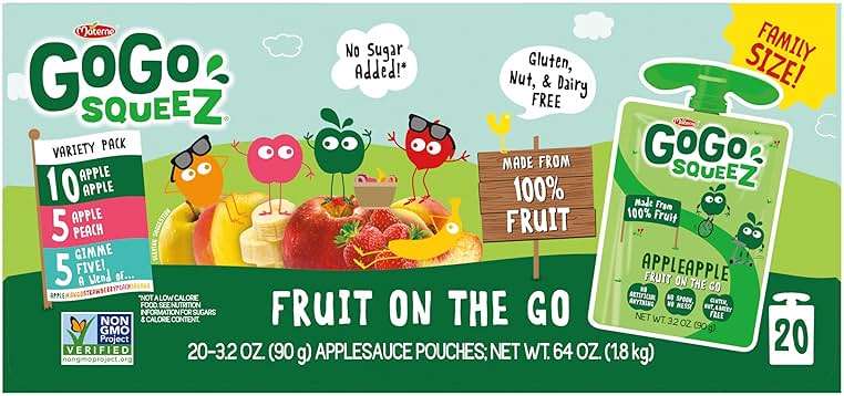 GoGo squeeZ No Sugar Added Applesauce and Fruit Puree Variety Pack, Apple, Peach & Gimme Five!, 3.2 oz Pouches (Pack of 20), Fruit Snacks for Kids, Gluten Free, Nut Free, Recloseable Cap, BPA Free - Image 3