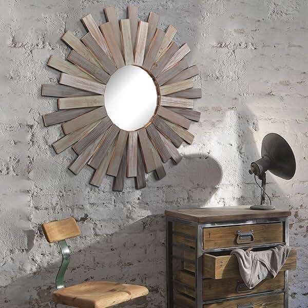Stonebriar Large Round 32" Wooden Sunburst Wall Mirror with Attached Hanging Bracket, Decorative Rustic Decor for the Living Room, Bathroom, Bedroom, and Entryway, Multi Color - Image 2