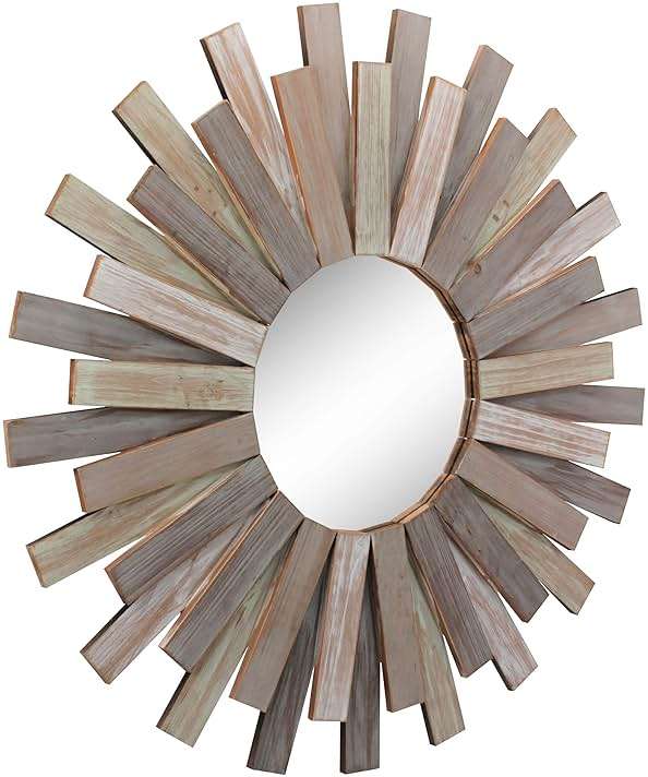 Stonebriar Large Round 32" Wooden Sunburst Wall Mirror with Attached Hanging Bracket, Decorative Rustic Decor for the Living Room, Bathroom, Bedroom, and Entryway, Multi Color - Image 4
