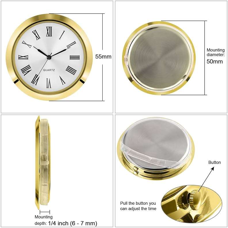 Hicarer 2-1/8 Inch (55 Mm) Quartz Clock Fit-up/Insert with Arabic Numeral Fit Diameter 1.97 Inch (50 Mm) Hole Zinc-Alloy Metal Case for Wall Living Room Bedroom Home Decor (Gold) - Image 3