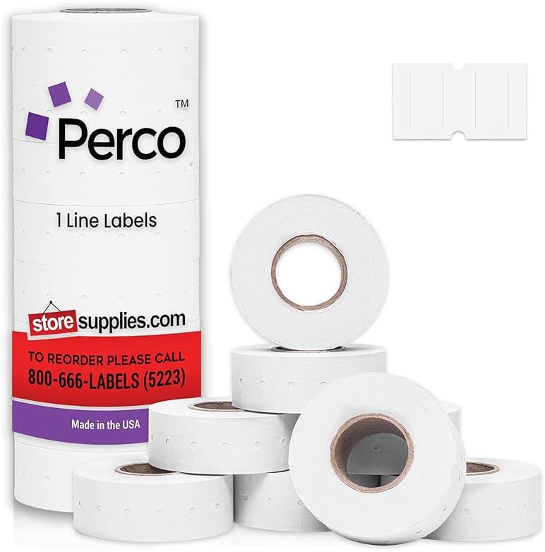 Perco 1 Line White Labels - 8,000 Blank Price and Date Gun Labels for Perco Lite, X, Plus and Pro 1 Line Price and Date Guns- 8 Rolls, 1 Sleeve - Made in USA - Product Image