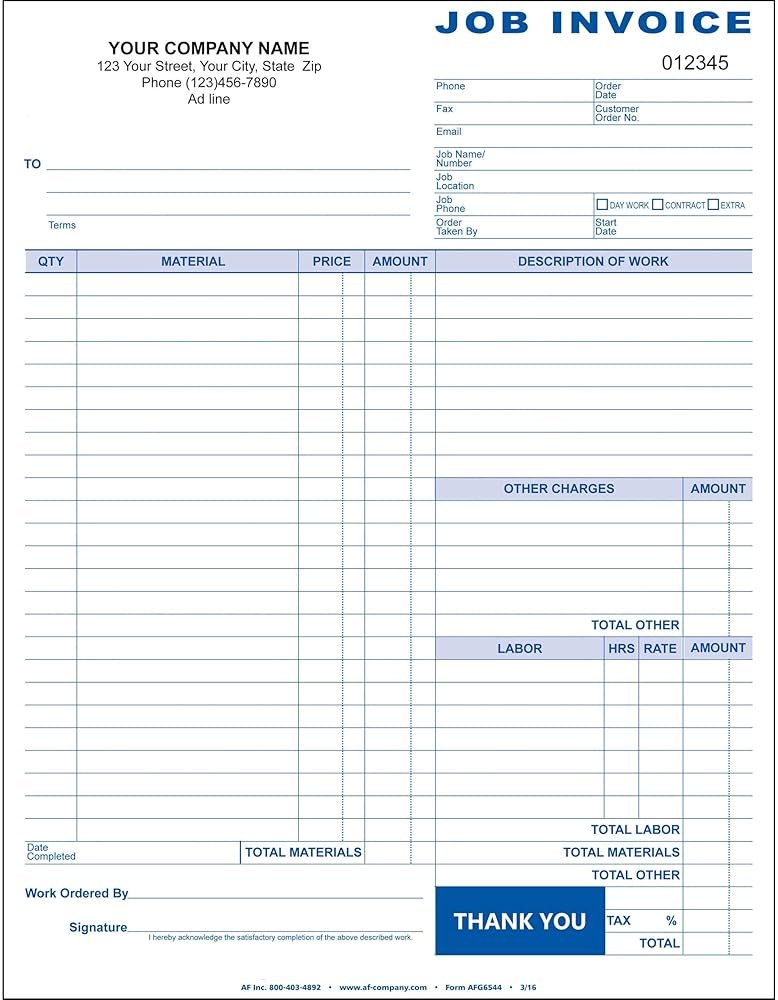 Job Invoice, 3 Copy (Triplicate), 8.5"x11" - Personalized for Free (100-Forms) - Product Image