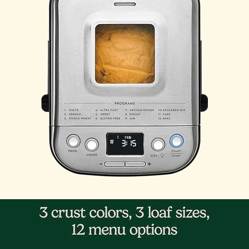 Cuisinart Bread Maker Machine, Stainless Steel Automatic Bread Machine with 12 Menu Options, 3 Loaf Sizes up to 2 Lb., 3 Crust Colors, Removable Nonstick Baking Pan & Kneading Paddle, CBK-110NAS - Image 4