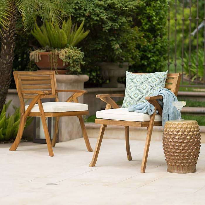 Christopher Knight Home Hermosa Outdoor Acacia Wood Arm Chairs, 2-Pcs Set, Teak Finish / Cream - Image 2
