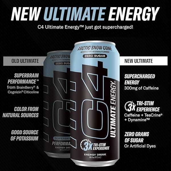 C4 Ultimate Sugar Free Energy Drink 16oz (Pack of 12) | Arctic Snow Cone | Pre Workout Performance Drink with No Artificial Colors or Dyes - Image 2