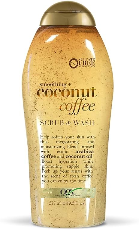 OGX Smoothing + Coconut Coffee Exfoliating Body Scrub with Arabica Coffee & Coconut Oil, Moisturizing Body Wash for Dry Skin, Paraben-Free with Sulfate-Free Surfactants, 19.5 Fl Oz - Product Image