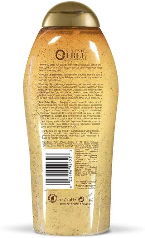 OGX Smoothing + Coconut Coffee Exfoliating Body Scrub with Arabica Coffee & Coconut Oil, Moisturizing Body Wash for Dry Skin, Paraben-Free with Sulfate-Free Surfactants, 19.5 Fl Oz - Image 2