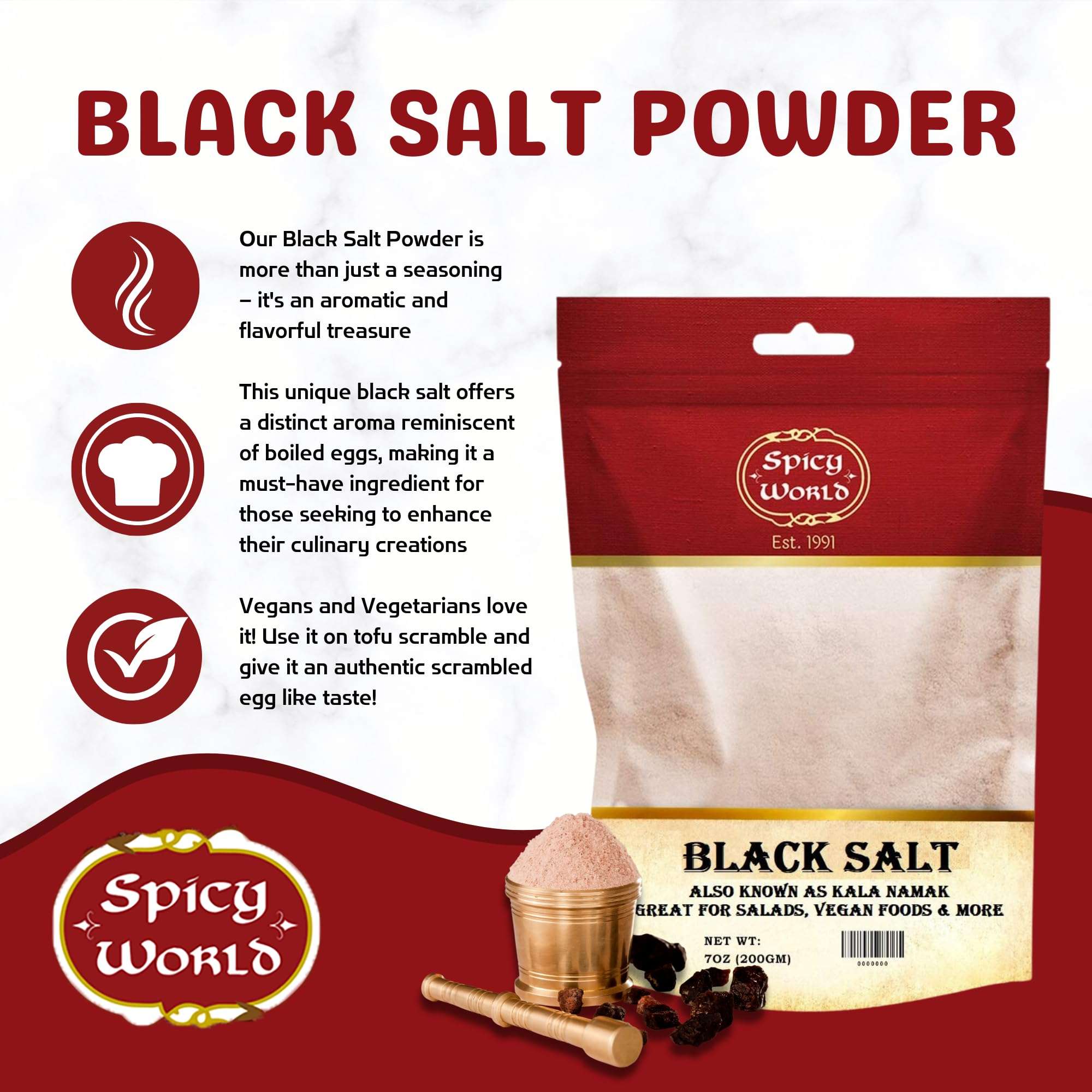 Spicy World Black Salt Powder (Kala Namak Mineral) 7 Oz - Vegan, Pure, Unrefined, Non-GMO & Natural - Perfect for Tofu Scramble, Egg Taste - Image 3
