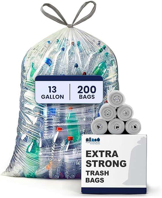 Plasticplace 13 Gallon Trash Bags │ 1.0 Mil │ Clear Extra Tall Drawstring Garbage Can Liners │ 24" x 31" (200 Count) - Image 1