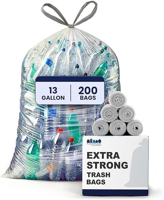 Plasticplace 13 Gallon Trash Bags │ 1.0 Mil │ Clear Extra Tall Drawstring Garbage Can Liners │ 24" x 31" (200 Count) - Product Image