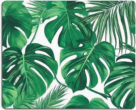 Tropical Leaf Mousepad - Mat - Beautiful Design - Leaves Green with White Background - Rectangle Mouse pad - Product Image