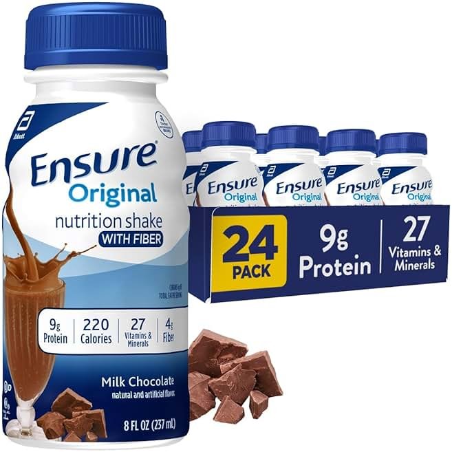 Ensure Original Milk Chocolate Nutrition Shake With Fiber | Small Meal Replacement Shake | Ready to Drink | 9g Protein, 27 Vitamins and Minerals | 8 fl oz - 24 Pack - Product Image
