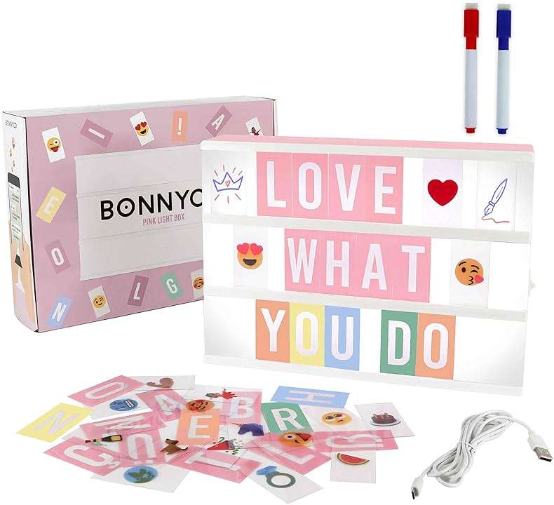 BONNYCO Pink Cinema Light Box with 400 Letters, Emojis, 2 Markers. Led Light Box Home Office and Room Decor, Cinema Led Sign Letters Board. Gifts for Women Girls Christmas Birthdays, Pink Decor - Image 1