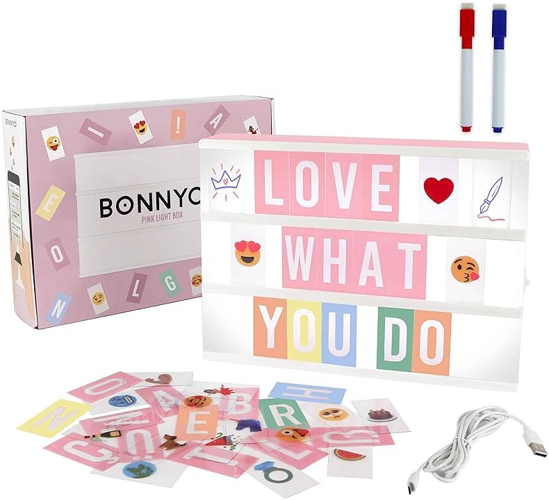 BONNYCO Pink Cinema Light Box with 400 Letters, Emojis, 2 Markers. Led Light Box Home Office and Room Decor, Cinema Led Sign Letters Board. Gifts for Women Girls Christmas Birthdays, Pink Decor - Product Image