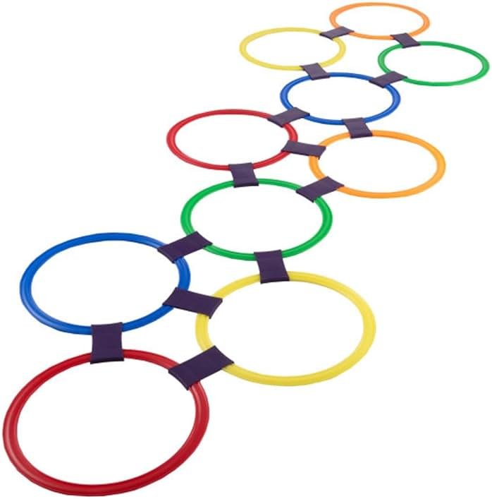 HEY! PLAY! Hopscotch Rings Game - Ten 11-Inch Plastic Rings and 15 Connectors for Indoor and Outdoor Use - Play Set for Girls and Boys (Multicolored) - Product Image