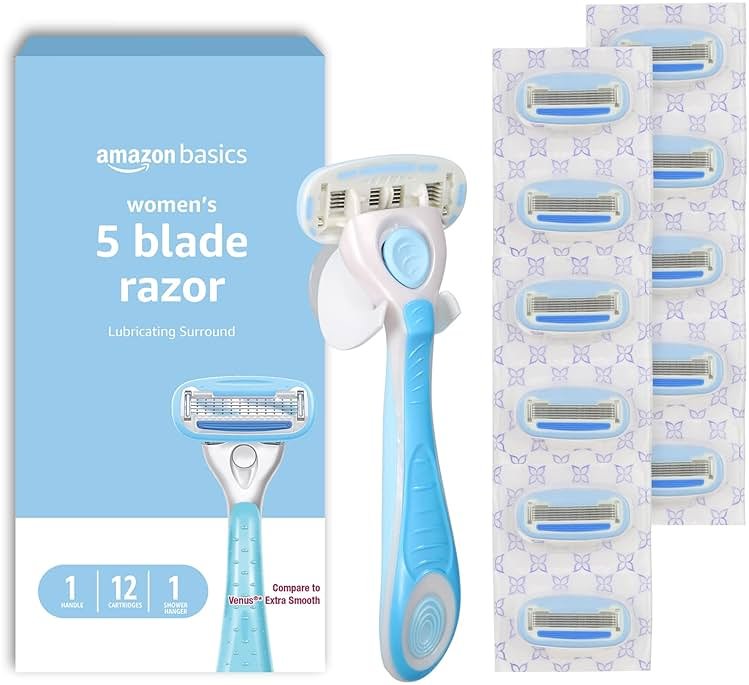 Amazon Basics 5-Blade Razor Handle for Women, Includes 12 Cartridges and Shower Hanger, 14 Piece Set, Blue - Product Image