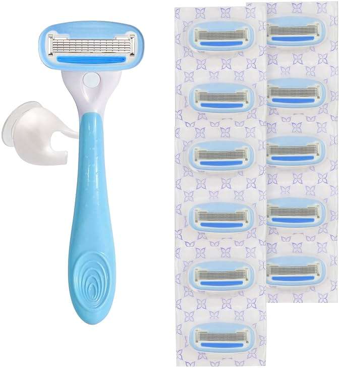 Amazon Basics 5-Blade Razor Handle for Women, Includes 12 Cartridges and Shower Hanger, 14 Piece Set, Blue - Image 3