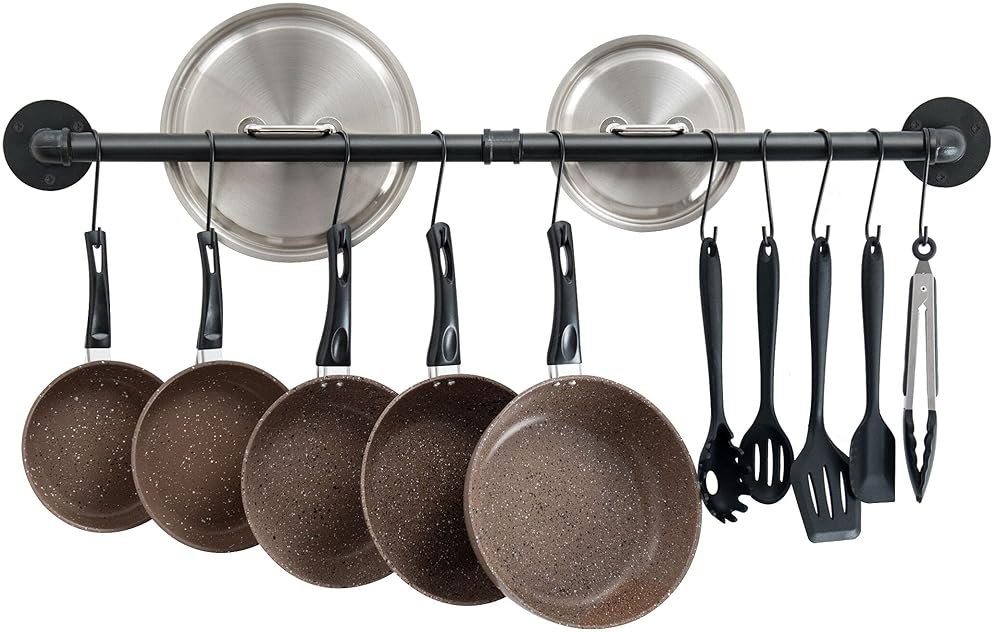 OROPY 38 inch Pot Bar Rack Wall Mounted Detachable Pans Hanging Rail Kitchen Lids Utensils Hanger with 14 S Hooks Black - Product Image