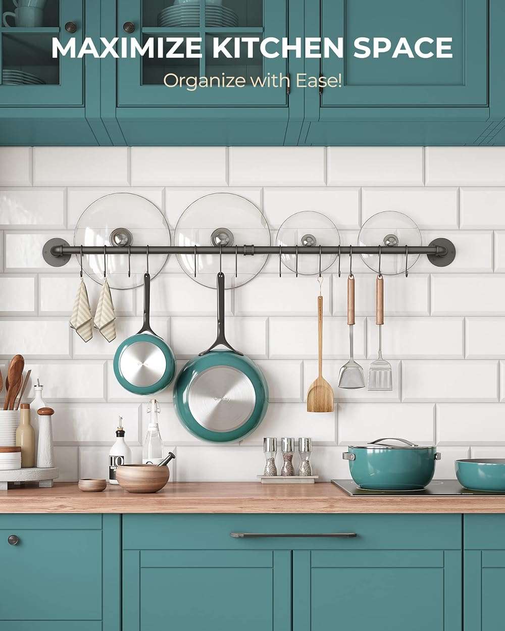 OROPY 38 inch Pot Bar Rack Wall Mounted Detachable Pans Hanging Rail Kitchen Lids Utensils Hanger with 14 S Hooks Black - Image 2