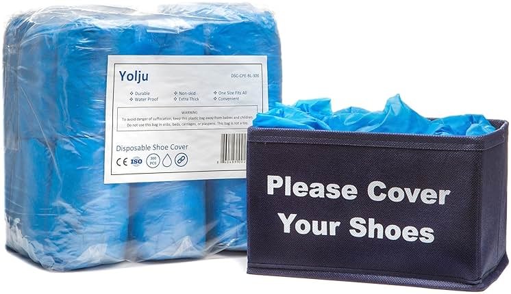 Yolju 300 Pack Disposable Shoe Covers with a Bonus Small Storage Box | Waterproof, Durable CPE Material - Product Image