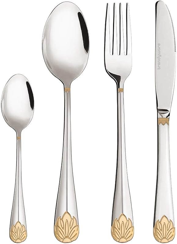 Silverware Set Limited Edition – 24 Piece Dinnerware Set – Flatware Set for 6 – Silver Tableware Set w/Gold Accents – Great for Family Gatherings & Daily Use – Spoons, Knives, Teaspoons, Forks - Product Image