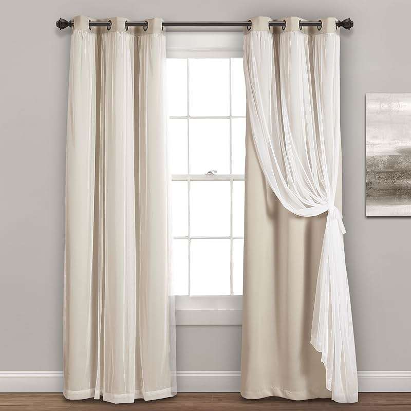 Lush Decor Sheer Grommet Curtains With Insulated Blackout Lining, Window Curtain Panels, Pair, 38"W x 84"L, Wheat - Curtain With Sheer Overlay, Elegant Blackout Curtains for Bedroom - Image 1