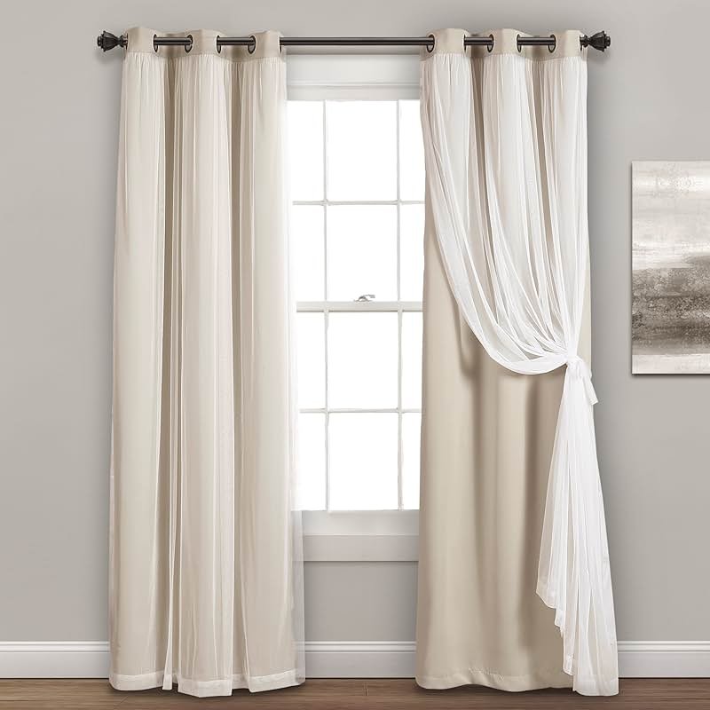 Lush Decor Sheer Grommet Curtains With Insulated Blackout Lining, Window Curtain Panels, Pair, 38"W x 84"L, Wheat - Curtain With Sheer Overlay, Elegant Blackout Curtains for Bedroom - Product Image