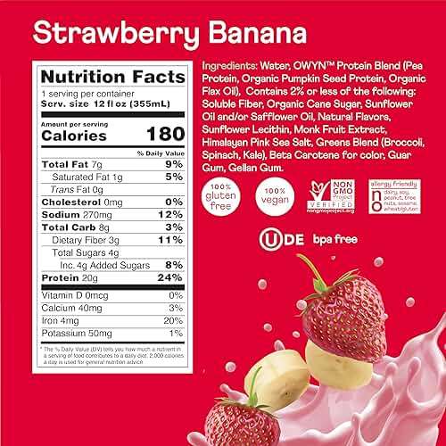 OWYN Only What You Need Strawberry Banana Flavored Protein Shake, 20g Protein, 4g Sugar, 3g Fiber, Dairy Free, Plant Based Protein Drink, 12 Count - Image 2