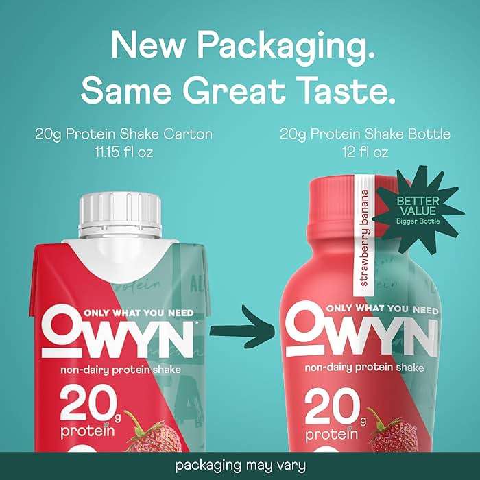 OWYN Only What You Need Strawberry Banana Flavored Protein Shake, 20g Protein, 4g Sugar, 3g Fiber, Dairy Free, Plant Based Protein Drink, 12 Count - Image 3