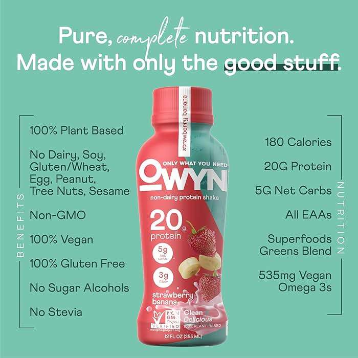 OWYN Only What You Need Strawberry Banana Flavored Protein Shake, 20g Protein, 4g Sugar, 3g Fiber, Dairy Free, Plant Based Protein Drink, 12 Count - Image 5