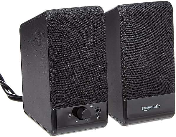 Amazon Basics USB-Powered Computer Speakers with Volume Control for Desktop or Laptop PC, Compact Size, Headphone Jack, Portable, Plug-N-Play, Black - Image 1