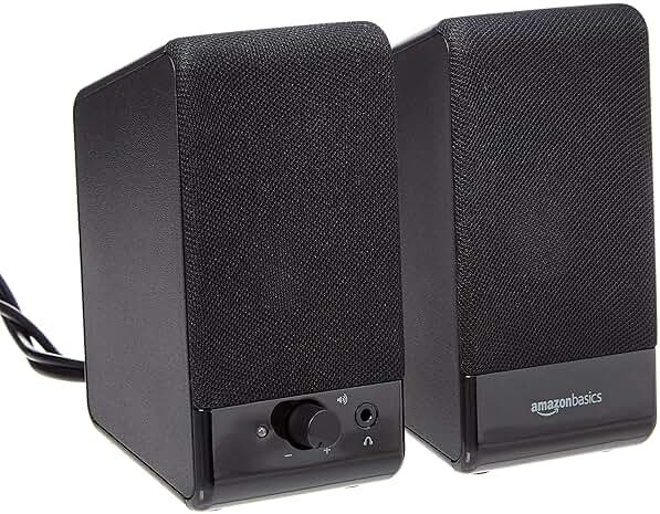 Amazon Basics USB-Powered Computer Speakers with Volume Control for Desktop or Laptop PC, Compact Size, Headphone Jack, Portable, Plug-N-Play, Black - Product Image