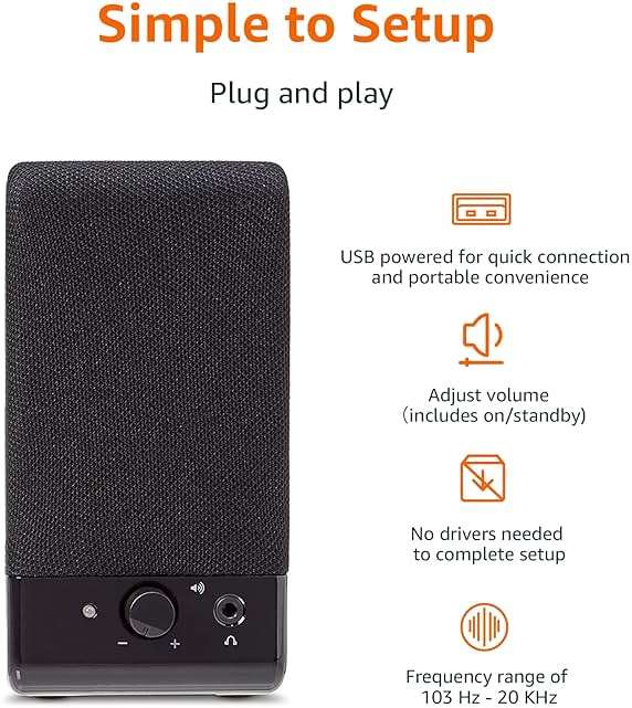 Amazon Basics USB-Powered Computer Speakers with Volume Control for Desktop or Laptop PC, Compact Size, Headphone Jack, Portable, Plug-N-Play, Black - Image 4