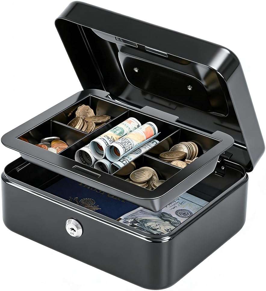 KYODOLED Medium Cash Box with Removable Money Tray, Key Lock Metal Storage Box with 2 Keys & Portable Handle, Safe Cash Drawer, 7.87"x 6.30"x 3.54", Black - Image 1
