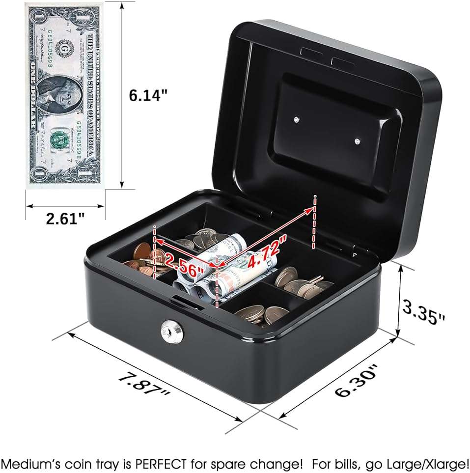 KYODOLED Medium Cash Box with Removable Money Tray, Key Lock Metal Storage Box with 2 Keys & Portable Handle, Safe Cash Drawer, 7.87"x 6.30"x 3.54", Black - Image 3
