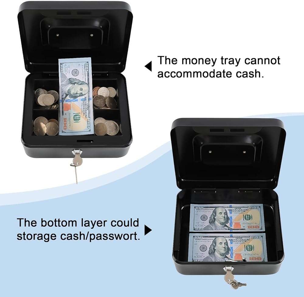 KYODOLED Medium Cash Box with Removable Money Tray, Key Lock Metal Storage Box with 2 Keys & Portable Handle, Safe Cash Drawer, 7.87"x 6.30"x 3.54", Black - Image 5