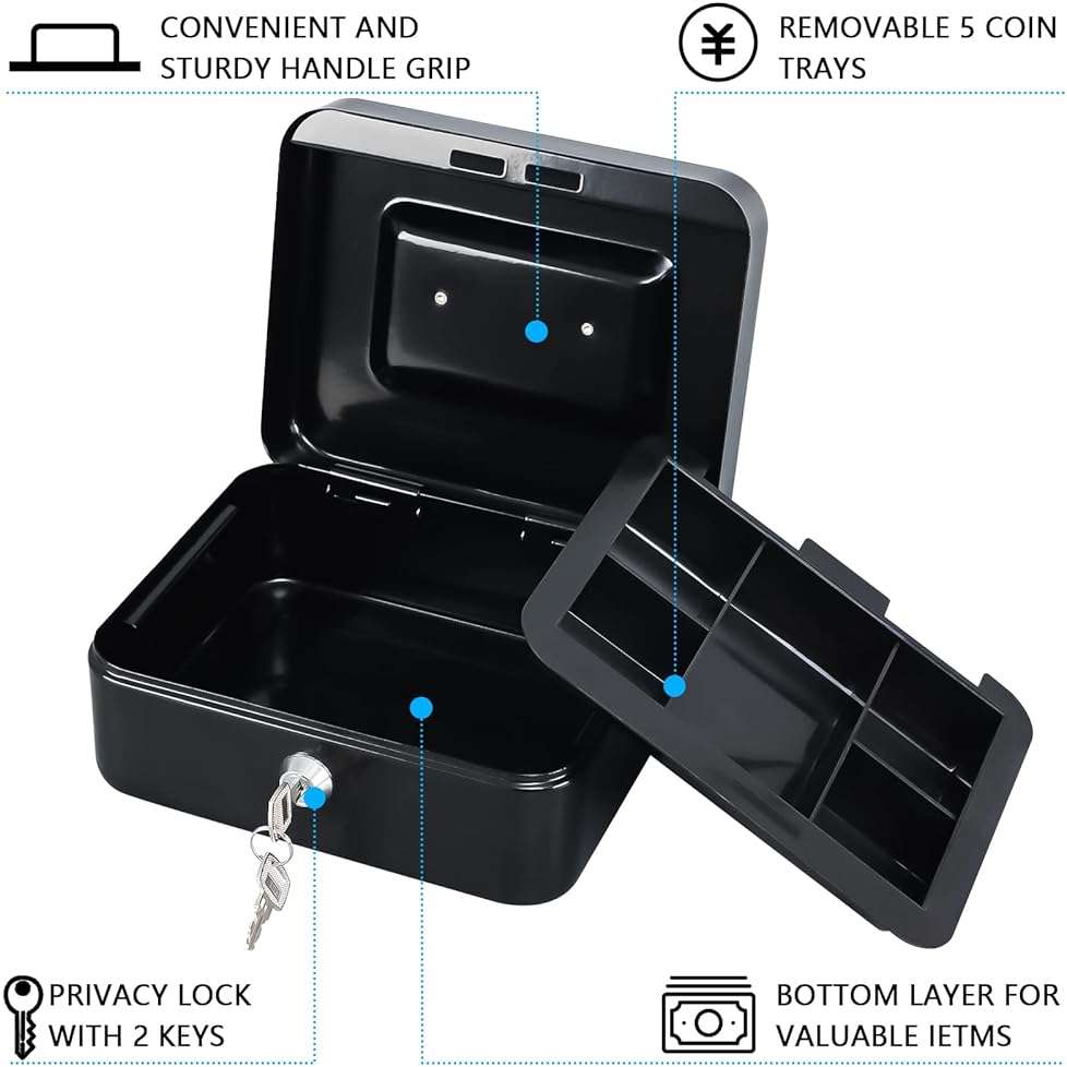 KYODOLED Medium Cash Box with Removable Money Tray, Key Lock Metal Storage Box with 2 Keys & Portable Handle, Safe Cash Drawer, 7.87"x 6.30"x 3.54", Black - Image 6